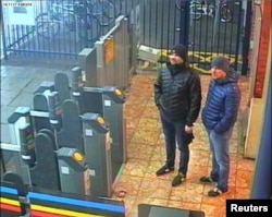 Alexander Petrov and Ruslan Boshirov, who were formally accused of attempting to murder former Russian intelligence officer Sergei Skripal and his daughter Yulia in Salisbury, are seen on CCTV at Salisbury Station, March 3, 2018.