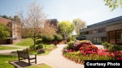 Outside the George and Beatrice Sherman Student Center at Brandeis University.
