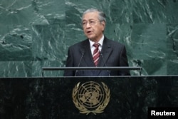 FILE - Prime Minister of Malaysia Mahathir Mohamad addresses the 73rd session of the United Nations General Assembly at U.N. headquarters in New York, Sept. 28, 2018.