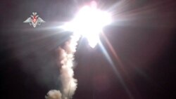 This handout video grab released, Nov. 29, 2021, shows the launch of a new Zircon hypersonic cruise missile from the the Admiral Gorshkov warship at a target in the Barents Sea.