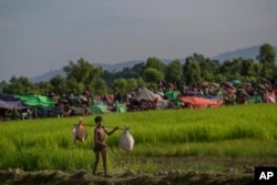 A newly arrived Rohingya Muslim boy, who crossing over from Myanmar into Bangladesh, walks with his belongings at Palong Khali, Bangladesh, Oct. 17, 2017.