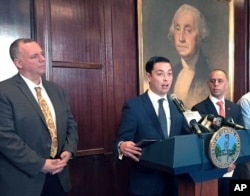 Pawtucket, R.I., Mayor Donald Grebien, left, Central Falls, R.I., Mayor James Diossa, speaking, and Providence Mayor Jorge Elorza, R.I., attend a news conference in Central Falls to discuss their concerns about an ongoing test of the 2020 Census, April 2, 2018.