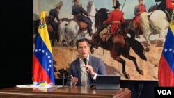 El líder opositor venezolano Juan Guaidó en una conferencia de prensa en el este de Caracas. Mayo 16, 2021. 