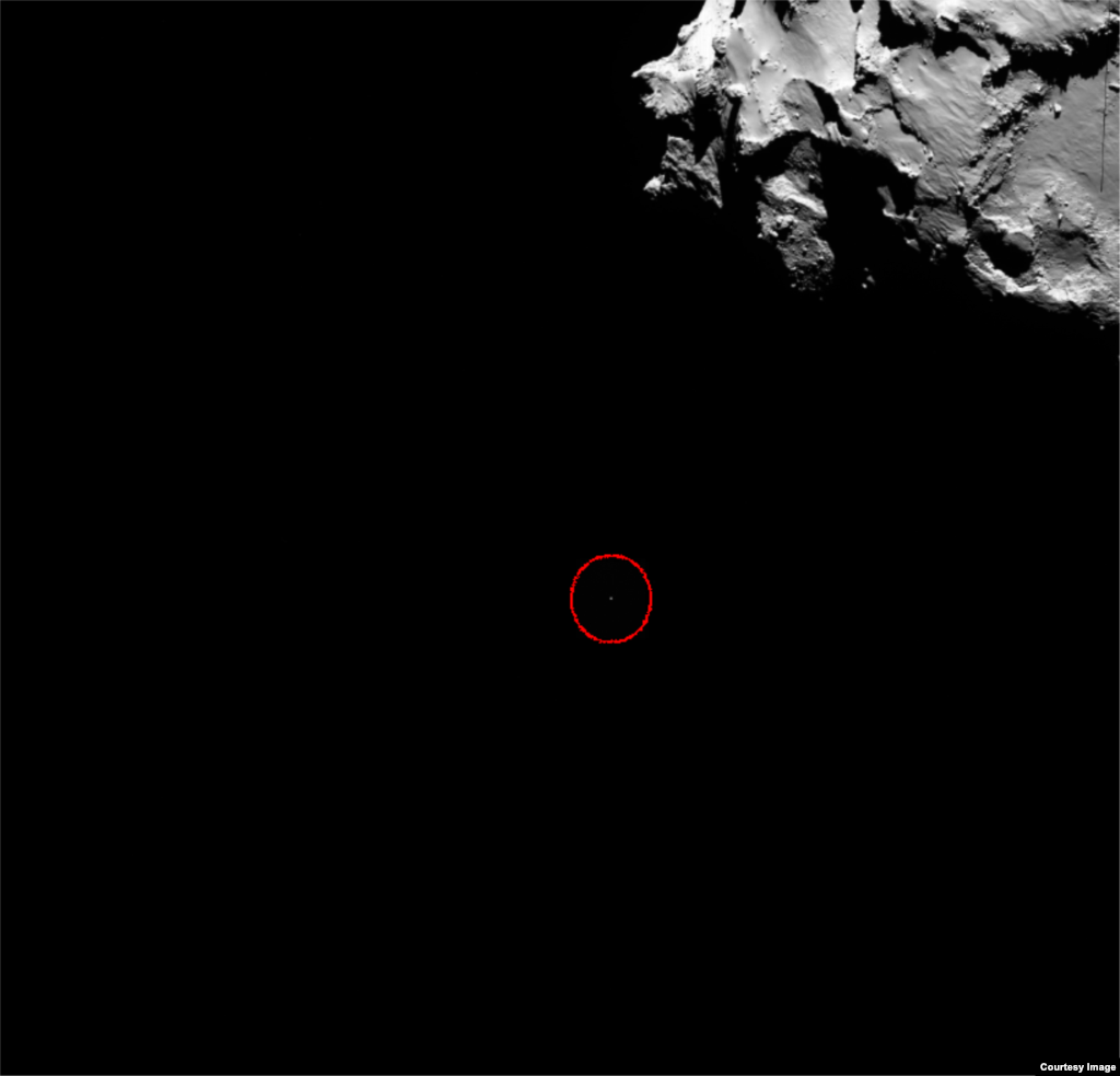 This OSIRIS wide-angle camera image shows the position of Rosetta&rsquo;s lander Philae (circled) on Nov. 12, 2014. (Courtesy: European Space Agency, photo released Nov. 13, 2014)