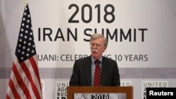 FILE - U.S. National Security Adviser John Bolton speaks during the United Against Nuclear Iran Summit on the sidelines of the United Nations General Assembly in New York City, Sept. 25, 2018.