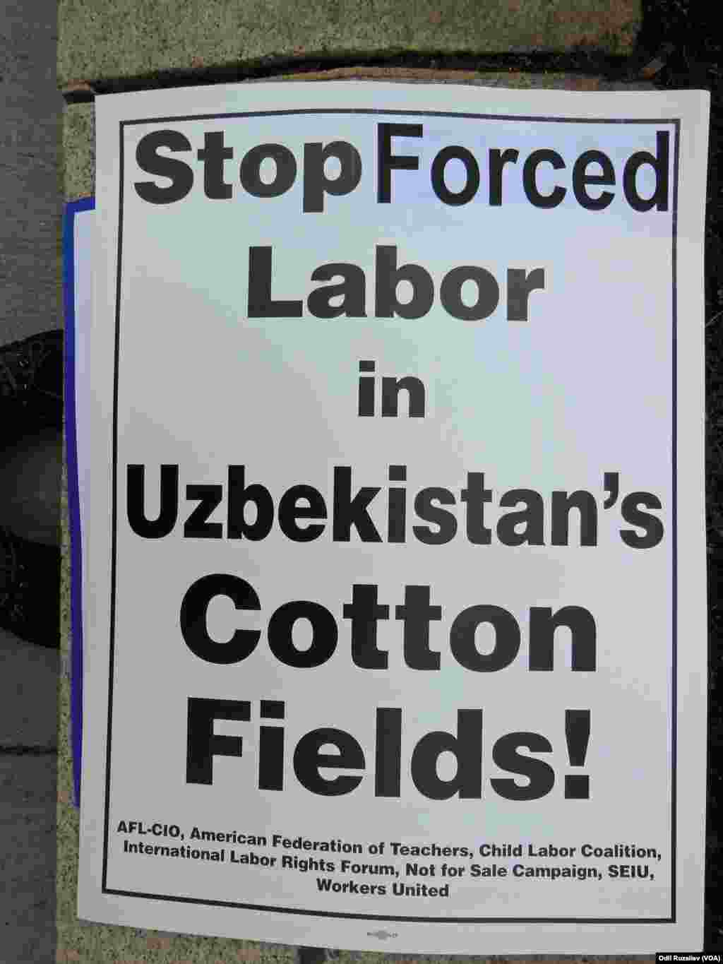"O'zbekiston paxta dalalarida majburiy mehnatni bas qiling!" shiori