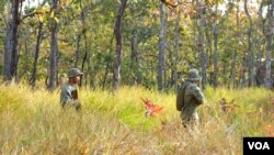 រូបឯកសារ៖ មន្ត្រី​ឧទ្យានុរក្ស​បង្ហាញ​សកម្ម​ភាព​ល្បាត​ព្រៃ​​ឲ្យ​អ្នក​សារព័ត៌មាន​បាន​ឃើញ​នៅ​ទីស្នាក់ការ​ត្រពាំង​ធ្មៀរ ក្នុង​ដែន​ជម្រក​សត្វព្រៃ​ស្រែពក​ក្នុង​ស្រុក​កោះញែក​ ខេត្ត​មណ្ឌល​គិរី កាលពី​ថ្ងៃទី​១៧ មករា ឆ្នាំ២០២១។ (អូន ឆេងប៉រ/វីអូអេ)