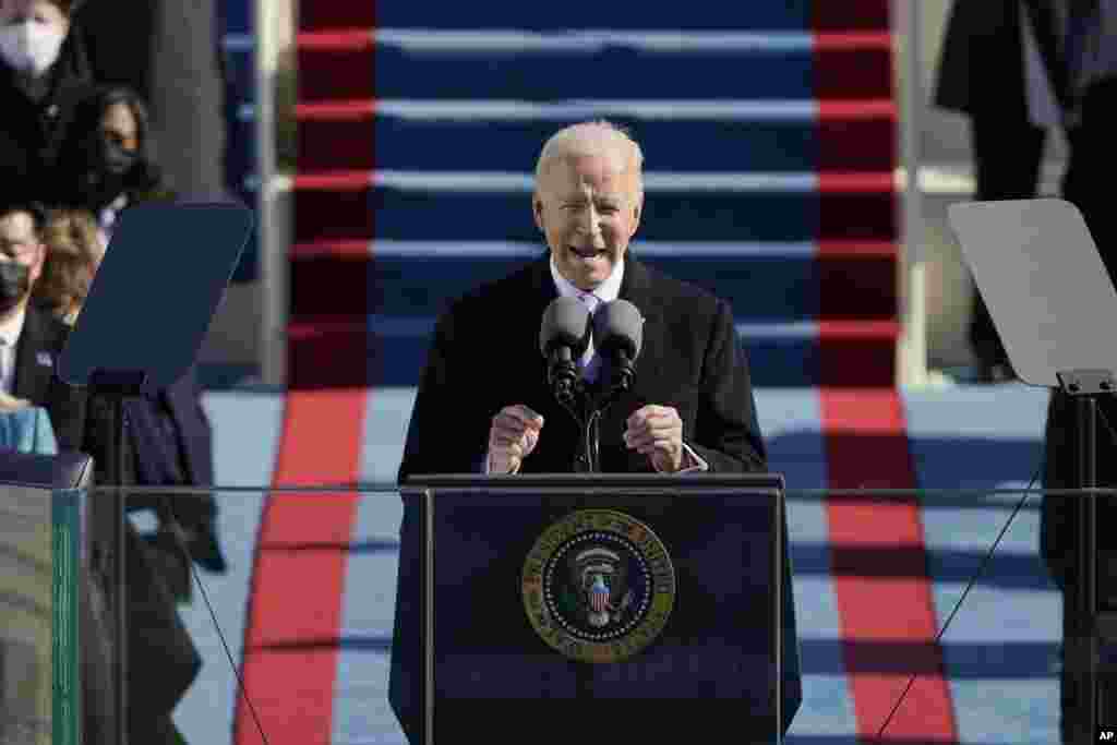 Rais Joe Biden akihutubia baada ya Kula kiapo nje ya Congress, Washington, Jumatano, Jan. 20, 2021.(AP Photo/Patrick Semansky, Pool)