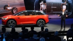 Volkswagen unveils a concept electric SUV, the whimsically named ID. ROOMZZ during the Auto Shanghai 2019 show in Shanghai, April 16, 2019.
