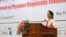 Myanmar's State Counselor Aung San Suu Kyi delivers an opening speech during the Forum on Myanmar Democratic Transition at Myanmar International Convention Center in Naypyitaw, Myanmar, Aug 11, 2017.