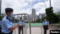 香港警方2021年7月1日關閉了往年七一集會的一個主要場地維多利亞公園。（路透社）