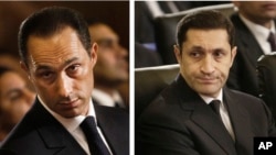 FILE - This combination image shows Gamal Mubarak, left, and Alaa Mubarak, right, attending a Christmas Eve Mass at the Coptic cathedral in Cairo, Egypt. 