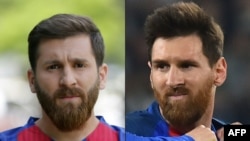 Combo photo shows Reza Parastesh (L) a doppelganger of Barcelona and Argentina's footballer Lionel Messi. 