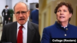合成資料照片:美國參議院外交委員會主席、共和黨參議員里施(左)和委員會資深成員、民主黨參議員沙欣。