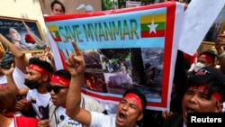 FILE PHOTO: Protest marking the second anniversary of Myanmar's 2021 military coup outside Myanmar Embassy, in Bangkok