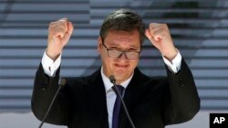 FILE - Serbian President Aleksandar Vucic gestures during a rally in the northern, Serb-dominated part of Mitrovica, Kosovo, Sept. 9, 2018. 