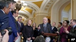 El líder de la minoría en el Senado, el republicano Mitch McConnell, encabezó una conferencia de prensa con miembros de su bancada el miércoles 17 de enero en Capitolio en Washington. 