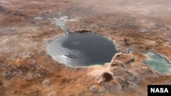 This illustration shows Jezero Crater — the landing site of the Mars 2020 Perseverance rover — as it may have looked billions of years go on Mars, when it was a lake. An inlet and outlet are also visible on either side of the lake. (Image Credit: NASA/JPL-Caltech)