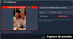 Captura de pantalla del análisis en TrueMedia.org a un enlace de X que contiene la foto manipulada de Trump y Putin.