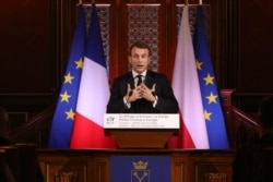 French President Emmanuel Macron gives a speech on Poland and France in Europe at Jagellonne University on Feb. 4, 2020 in Krakow, Poland.