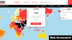 រូបភាព​នេះ​បង្ហាញ​ថា កម្ពុជា​ទទួល​បាន​ចំណាត់ថ្នាក់​លេខ១៤៣​ក្នុង​ចំណោម​១៨០ប្រទេស​ នៅ​ក្នុង​សន្ទស្សន៍​ស្ដី​ពី​សេរីភាព​សារព័ត៌មាន​លើ​ពិភពលោក​ឆ្នាំ​២០១៩ របស់​អ្នក​សារព័ត៌មាន​គ្មាន​ព្រំដែន​ (Reporters Without Borders)។ (គេហទ័ព័រ/អ្នក​សារព័ត៌មាន​គ្មាន​ព្រំដែន)