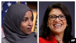 FILE - This combination of 2018 photos shows then-Representatives-elect Ilhan Omar, left, and Rashida Tlaib, in Washington. Omar and Tlaib have drawn political attacks from Saudi Arabia for allegedly representing views not in line with those of the kingdom.