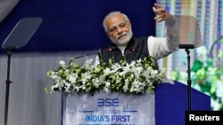 India's Prime Minister Narendra Modi delivers a speech after he inaugurated the country's first international exchange in Gandhinagar, India, Jan. 9, 2017. 