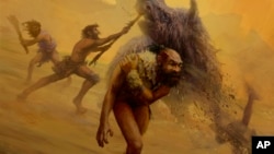 This illustration provided by Gleiver Prieto and Katerina Harvati shows a group of Neanderthals hunting with non-projectile weapons. (Gleiver Prieto/Katerina Harvati via AP)
