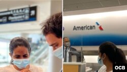 Anamely Ramos en el Aeropuerto de Miami, cuando fue notificada que tiene prohibido el regreso a su país. [Fotocomposición Radio Televisión Martí].