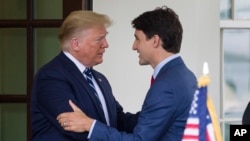 ARCHIVO - El entonces presidente Donald Trump saluda al primer ministro canadiense Justin Trudeau a su llegada a la Casa Blanca, el 20 de junio de 2019, en Washington.