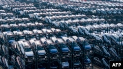 2024年2月8日，在中國東部江蘇省蘇州市太倉港的國際貨櫃碼頭，堆放等待裝船的比亞迪電動車。(法新社）