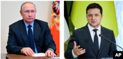 Kushoto, Rais Vladimir Putin na Rais wa Ukraine Volodymyr Zelenskyy.