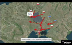 Na mapi objavljenoj u videu britanskog Ministarstva odbrane vidi se mogući plan napada Rusije na Ukrajinu. (Foto: Tviter nalog Ministarstva odbrane VB, 17. februara 2022).