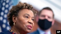 Rep. Barbara Lee, D-Calif., speaks at a news conference at the Capitol in Washington, Feb. 23, 2022, on Russian aggression in Ukraine.