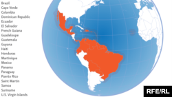 Помаранчевим кольором позначені країни з епідемією вірусу Зіка 