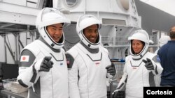 Los astronautas SpaceX Crew-1 de la NASA participan en las pruebas de interfaz del equipo de la tripulación en la sede de SpaceX en Hawthorne, California, el 24 de septiembre de 2020. [Foto cortesía NASA]