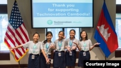 The five girls that created the “Cambodia Identity Product” mobile app pose for group photo at the US Embassy in Phnom Penh. They will be the first Cambodian team to compete in the Technovation ​World Pitch Summit at Google headquarters in Mountain View, CA, August 7-11. (Courtesy of USAID/Technovation Cambodia)