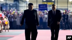 Ռուսաստանի նախագահ Վլադիմիր Պուտինն ու Հյուսիսային Կորեայի առաջնորդ Կիմ Չեն Ընը Փհենյանում։ Հունիսի 19, 2024թ․։