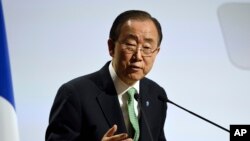 FILE - U.N. Secretary General Ban Ki-moon, pictured at November's climate change conference in Paris, says the potential for Ebola flare-ups are expected to decrease, but governments will need resources to prevent infection and respond rapidly to new cases.