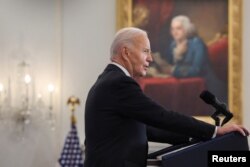 U.S. President Joe Biden delivers a speech at the State Department in Washington