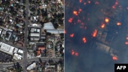 በጥምረት የተያያዙት የሳተላይት ምስሎች እአአ ጥር 6 ቀን በካሊፎርኒያ አልታዴና የተነሳውን መሪያ ቤት ሲያሳይ፣ ከሁለት ቀናት በኋላ እአአ ጥር 6 ቀን 2025 የተነሳው በእሳት የወደመ መንደር። 