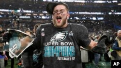 Philadelphia Eagles' Nate Gerry celebrates after the NFL Super Bowl 52 football game against the New England Patriots Sunday, Feb. 4, 2018, in Minneapolis. The Eagles won 41-33. 
