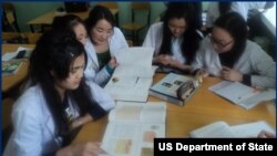 Students of the School of Health Technology utilize some of the 10,000 new textbooks provided through an agreement between MCA-Mongolia and The Asia Foundation.