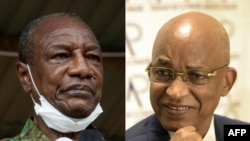 Le président guinéen Alpha Condé (à g.) s'adressant à ses partisans à Kissidougou le 12 octobre 2020, et l'ancien Premier ministre et principal opposant Cellou Dalein Diallo (à dr.) s'exprimant à Dakar, le 24 septembre 2020. (Archives)