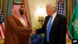 资料照：沙特阿拉伯王储穆罕默德·本·萨勒曼（Mohammed bin Salman）在利雅得会晤到访的美国总统特朗普。（2017年5月20日）