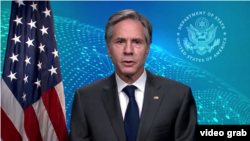 美国国务卿布林肯通过网络视频对联合国安理会发表讲话。(2021年2月17日)