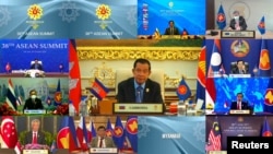 FILE- Cambodia's Prime Minister Hun Sen speaks during the virtual ASEAN Summit, hosted by ASEAN Summit Brunei, in Bandar Seri Begawan, Brunei October 26, 2021. (ASEAN SUMMIT 2021 HOST PHOTO/Handout via REUTERS) 