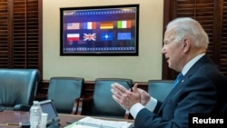 U.S. President Joe Biden speaks with European leaders about Russia and Ukraine from the White House in Washington