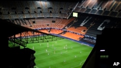 View of an empty Mestalla stadium during the Champions League round of 16 second leg soccer match between Valencia and Atalanta in Valencia, Spain, March 10, 2020. 