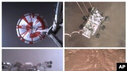 This combination of images from video made available by NASA shows steps in the descent of the Mars Perseverance rover as it approaches the surface of the planet on Feb. 18, 2021.